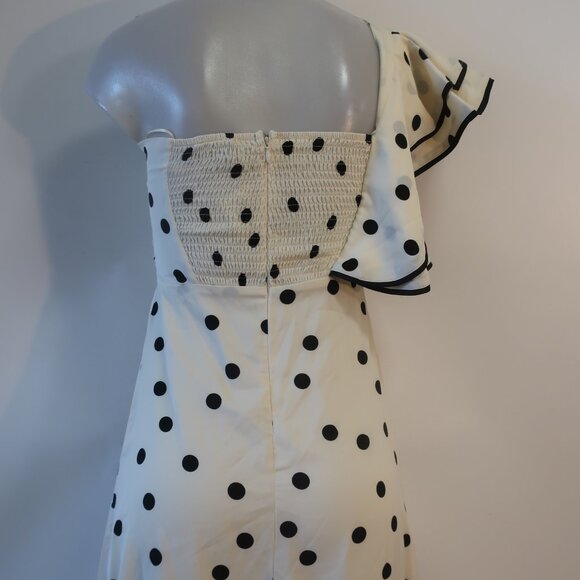 NWT Womens Benaar Natalie Ivory Black Polka Dot One Shoulder Paris Midi Dress S - Picture 12 of 15